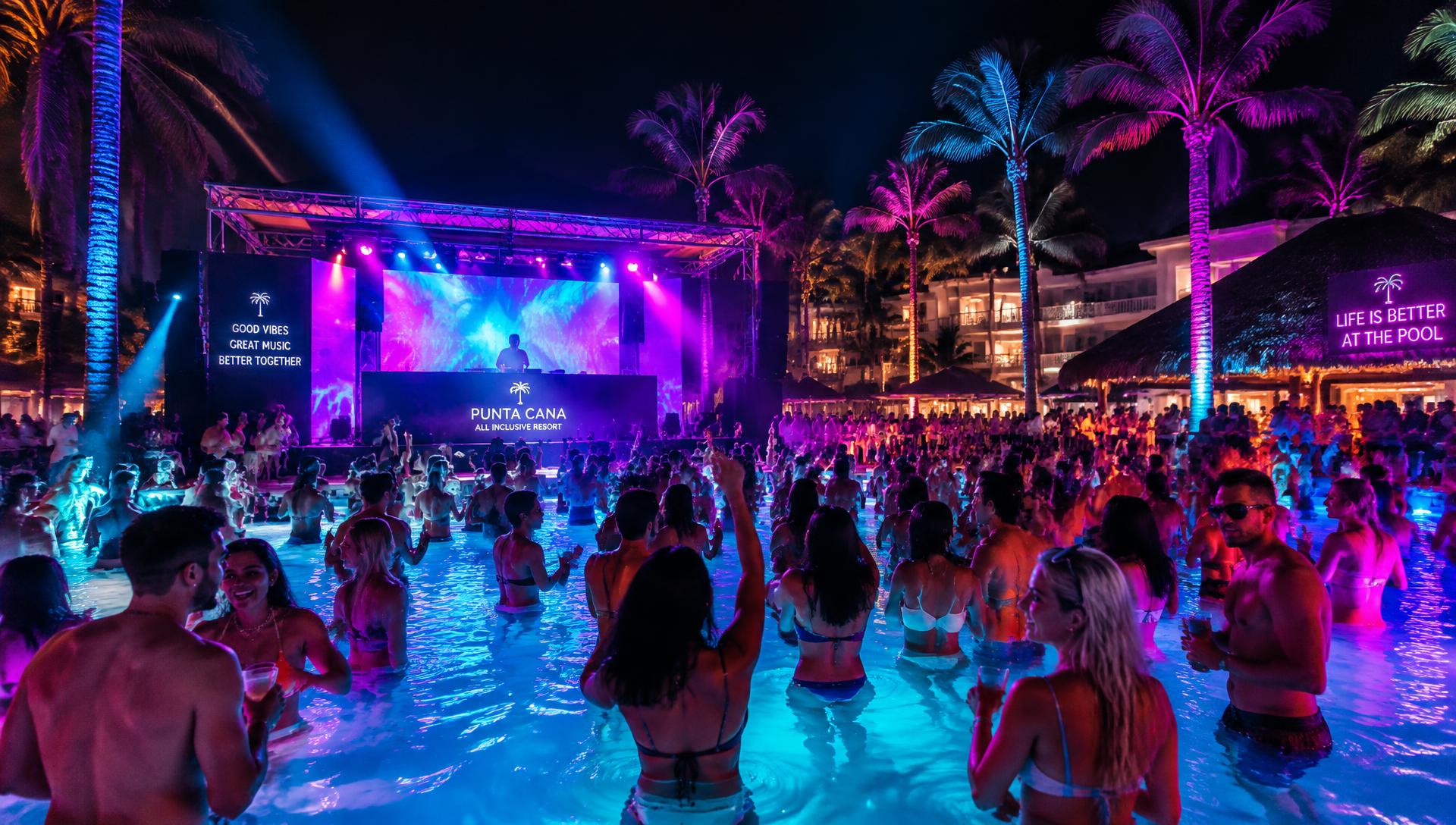 Pool party nocturna en un resort de Punta Cana